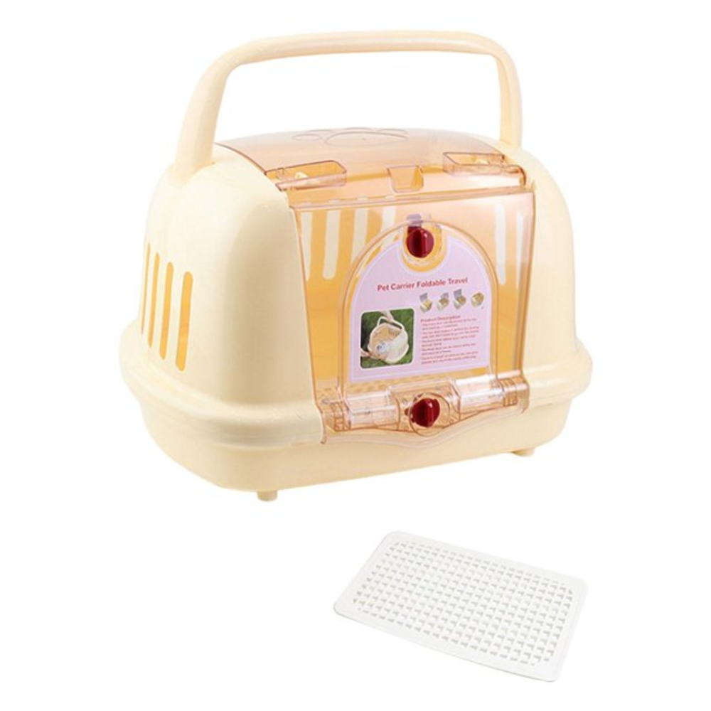 Beige pet carrier with a handle on a white background