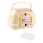 Beige pet carrier with a handle on a white background