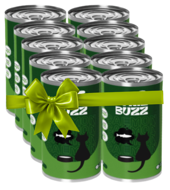 twelve cans of cat food with a green bow on a white background