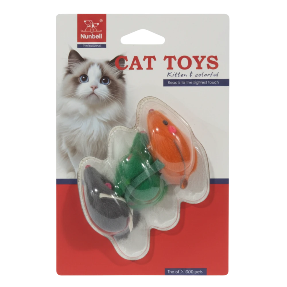 Cat toys in packaging with a cat on a white background