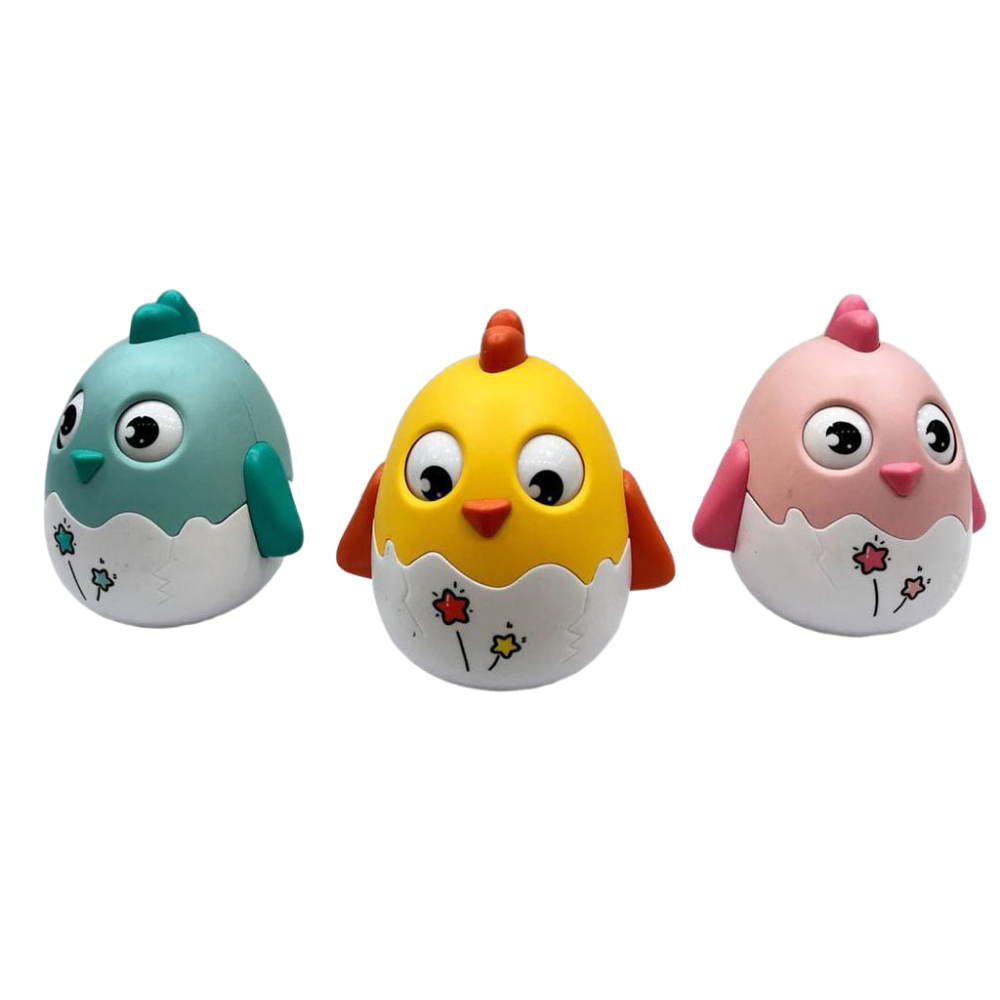 Three colorful chicken-shaped toys with different colors and designs on a white background.