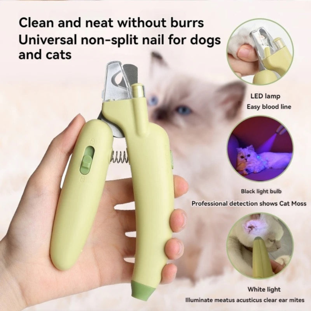 Pet nail clipper with features highlighted on a blurred cat background