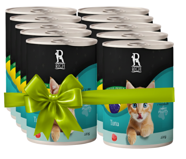 Pack of cat food cans with a decorative bow on a white background