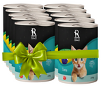 Pack of cat food cans with a decorative bow on a white background