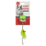 Cat toy with green feather on a white background