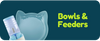 Cat water bottle and bowl with 'Bowls & Feeders' text on a dark green background