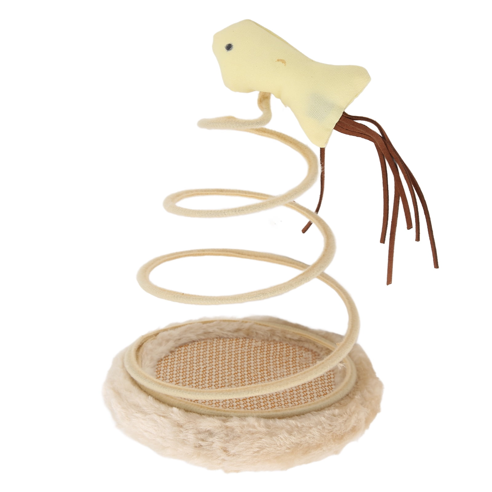 Cat toy with a yellow bird and brown tail on a white background