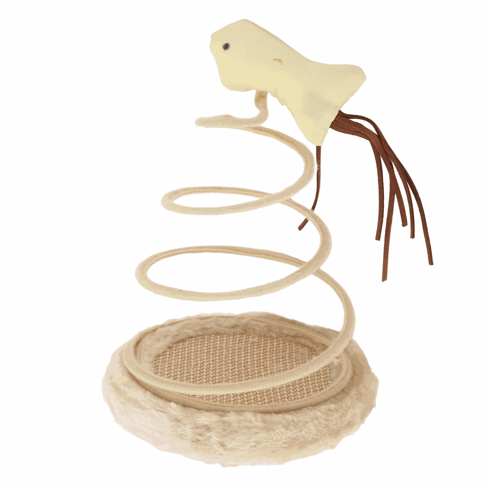 Cat toy with a yellow bird and brown tail on a white background