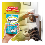 Temptations cat treat packaging with a cat reaching for it, set against a blurred indoor background.