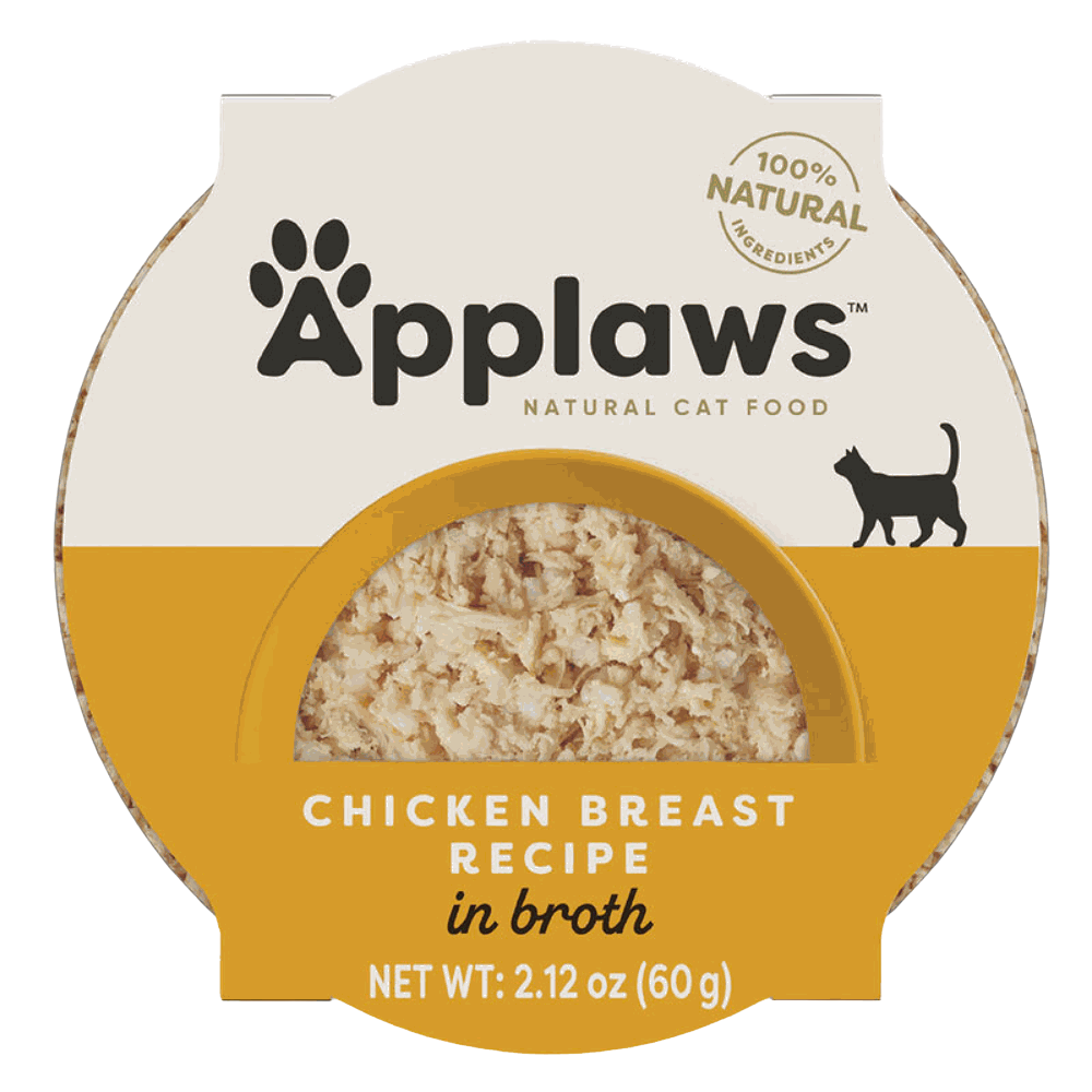 Applaws natural cat food container with chicken breast recipe in broth on a white background
