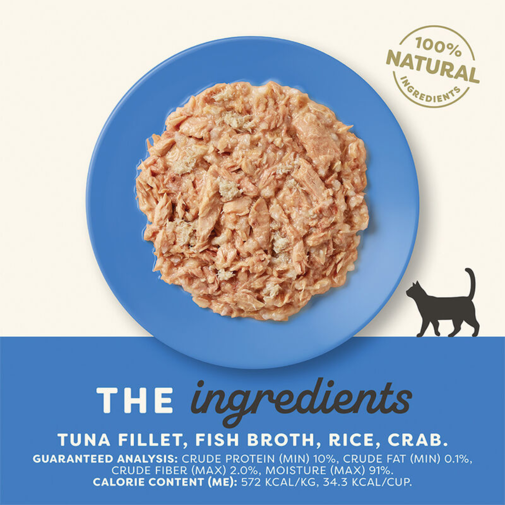 Cat food on a blue plate with ingredients listed below, featuring a cat silhouette.