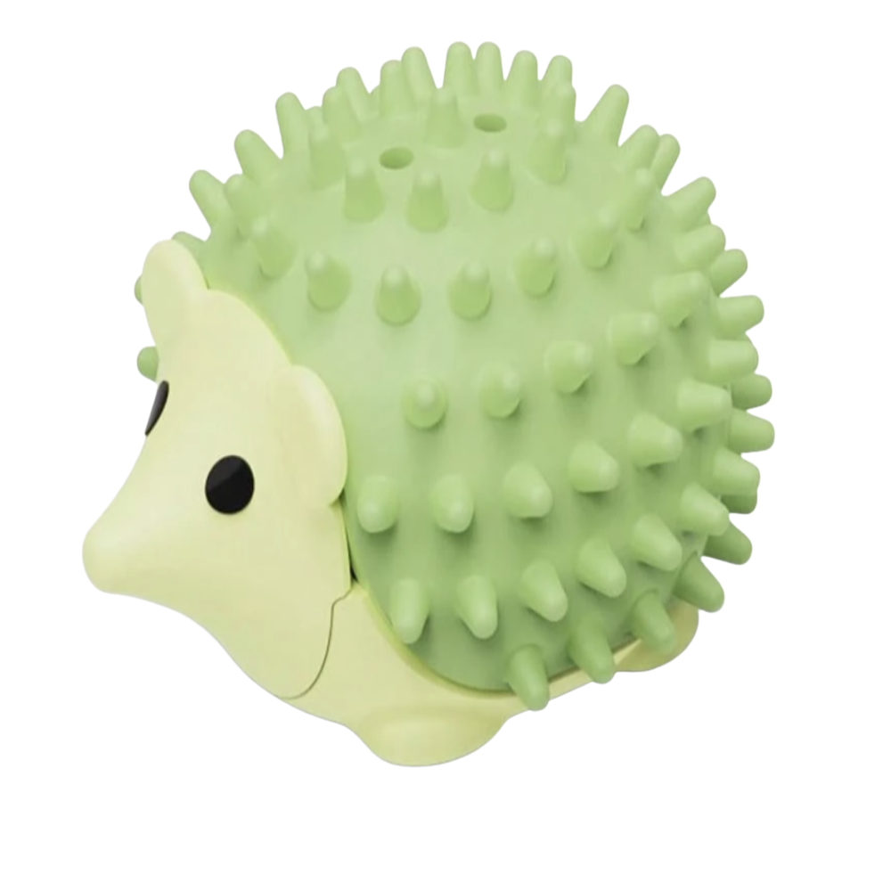 Green hedgehog-shaped toy with spiky texture on a white background