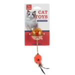 Cat toy with a bell and feather on a Nylabone branded package