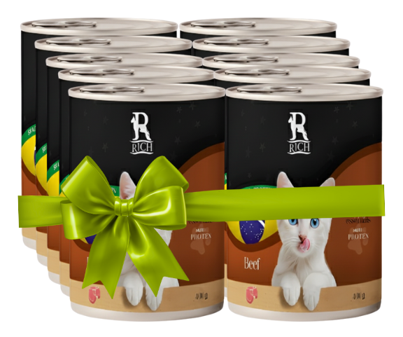Pack of cat food cans with a green bow on a white background