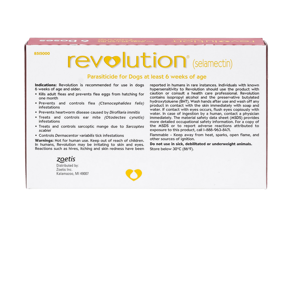 Revolution parasiticide packaging for dogs on a white background