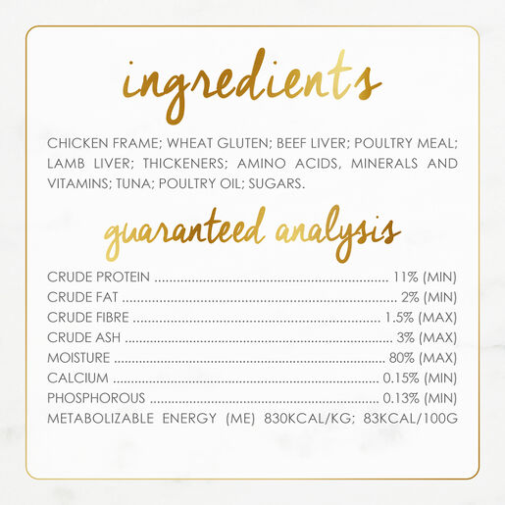 Ingredients and guaranteed analysis label for a pet food product on a white background.