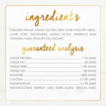 Ingredients and guaranteed analysis label for a pet food product on a white background.