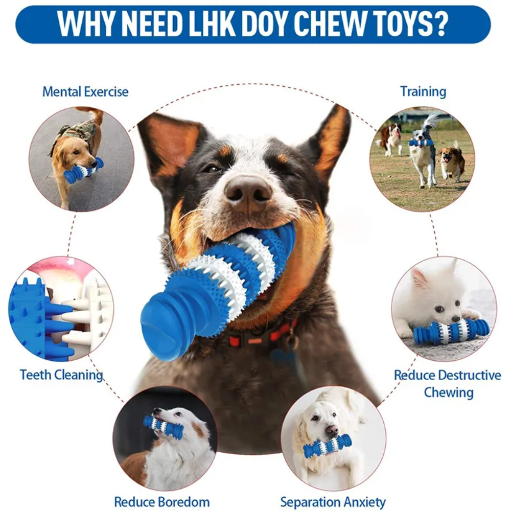 Dog chewing on a blue and white chew toy with various benefits listed around it.