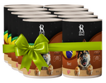 Multiple cans of pet food with a green bow on a white background
