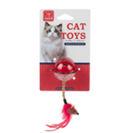 Cat toy with red bell and feather on a white background