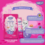 Moochie Fairy Puree Sea Breeze Epic tuna and salmon flavor cat food packaging on a pink background