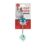 Cat toy with a bell and feather on a Numbell branded card against a white background
