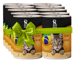 Multiple cans of cat food with a green bow on a white background