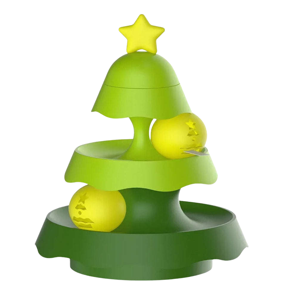 Green and yellow toy tree with two balls on a white background
