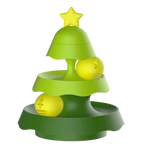 Green and yellow toy tree with two balls on a white background