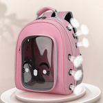 Pink pet carrier with cartoon face design on a beige background