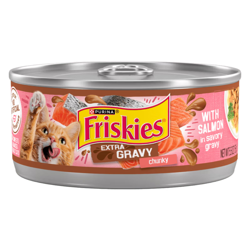 Can of Friskies Extra Gravy cat food with salmon flavor on a white background