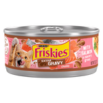 Can of Friskies Extra Gravy cat food with salmon flavor on a white background