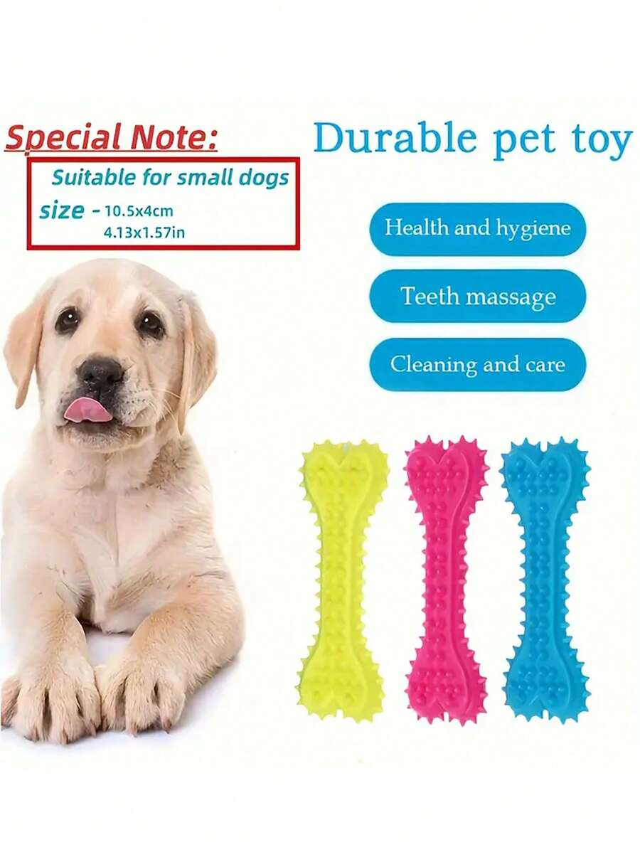 Dog toy set with three colorful bones and a puppy on a white background