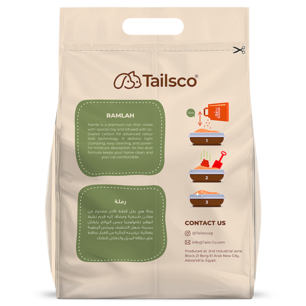 Tailsco cat litter packaging with text and graphics on a beige background