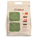Tailsco cat litter packaging with text and graphics on a beige background