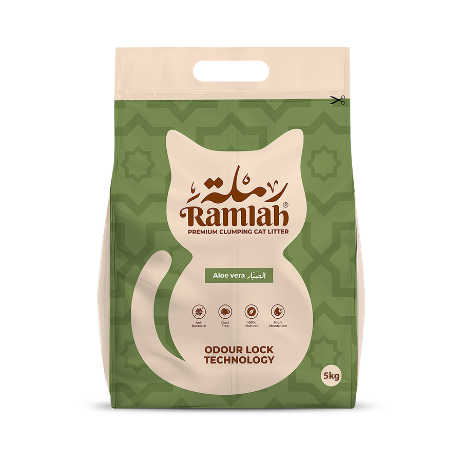 Bag of Ramilah premium clumping cat litter with green and beige design.