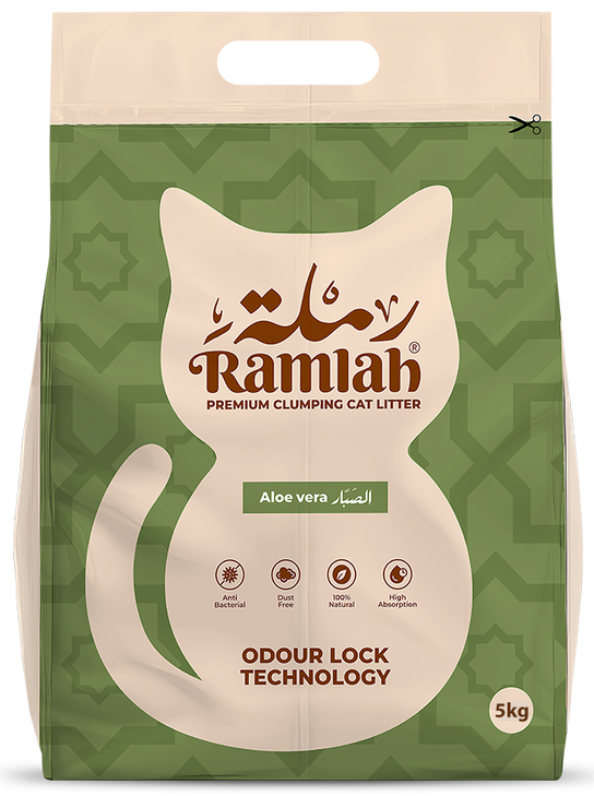 Bag of Ramilah premium clumping cat litter with green and beige design.