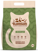 Bag of Ramilah premium clumping cat litter with green and beige design.
