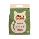 Bag of Ramilah premium clumping cat litter with green and beige design.