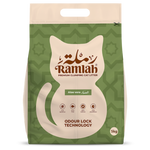 Bag of Ramilah premium clumping cat litter with green and beige design.
