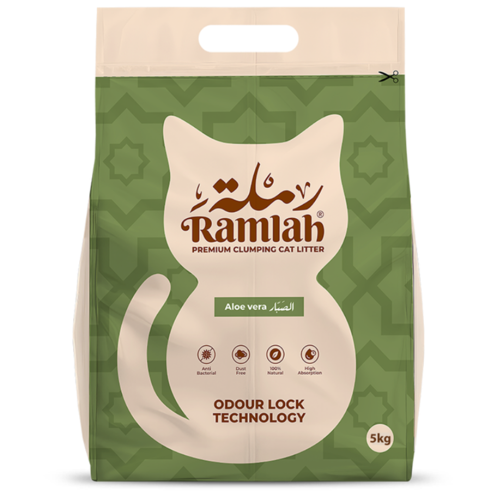 Green package of Ramlah cat litter with a cat illustration on a white background