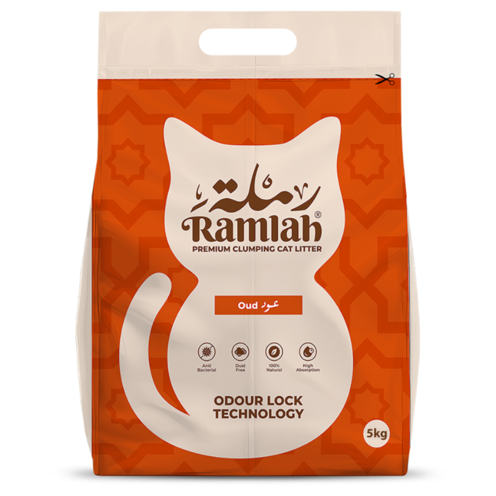 Orange package of Ramlah cat litter with a white cat illustration on a white background