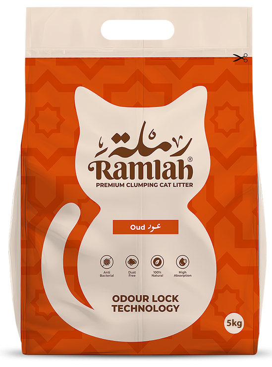 Orange package of Ramlah cat litter with a white cat illustration on a white background
