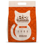 Orange package of Ramlah cat litter with a white cat illustration on a white background