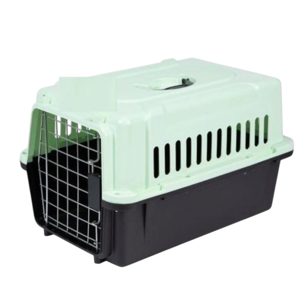 Pet carrier with green top and black bottom on a white background