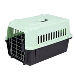 Pet carrier with green top and black bottom on a white background