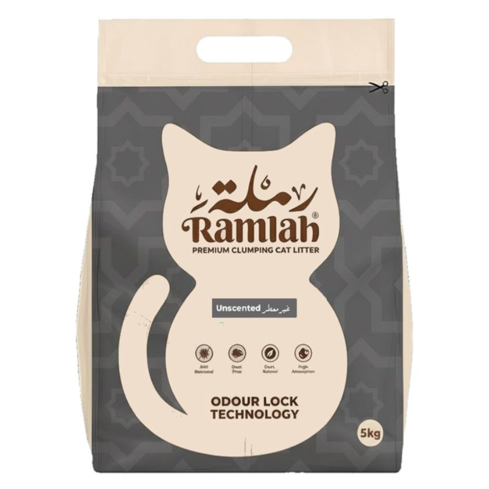 Package of Ramlah premium clumping cat litter with a cat silhouette on a white background