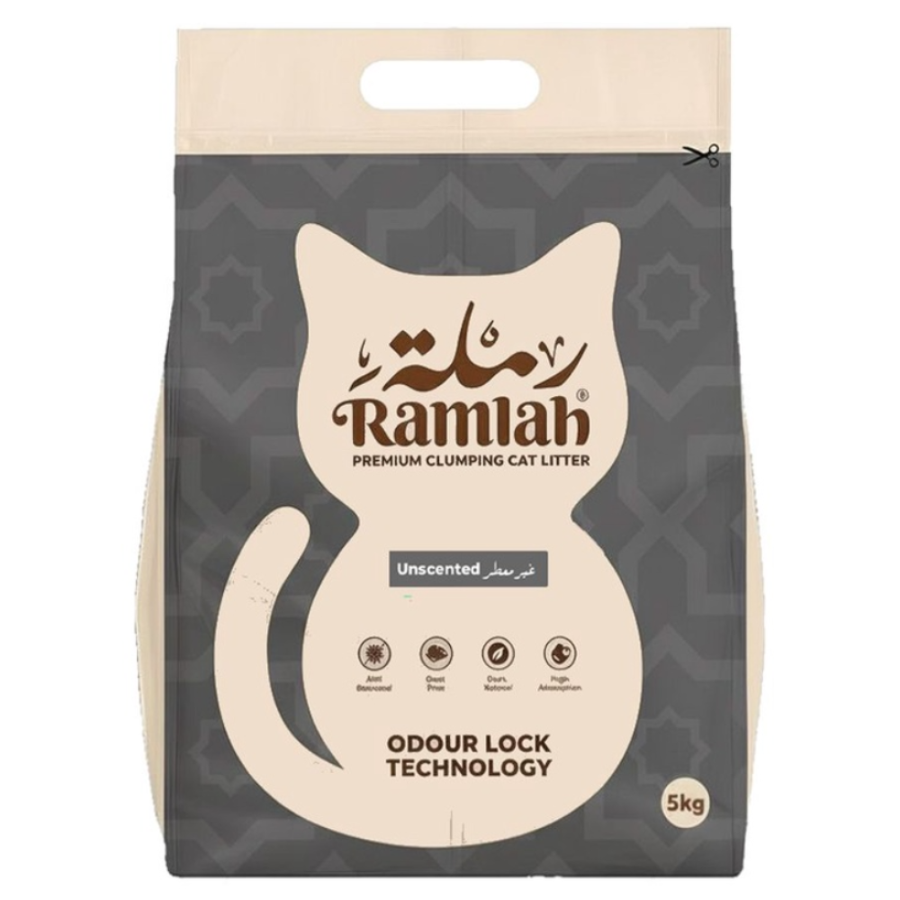 Package of Ramlah premium clumping cat litter with a cat silhouette on a white background