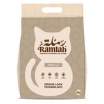 Bag of Ramlah cat litter with a cat illustration on a beige background