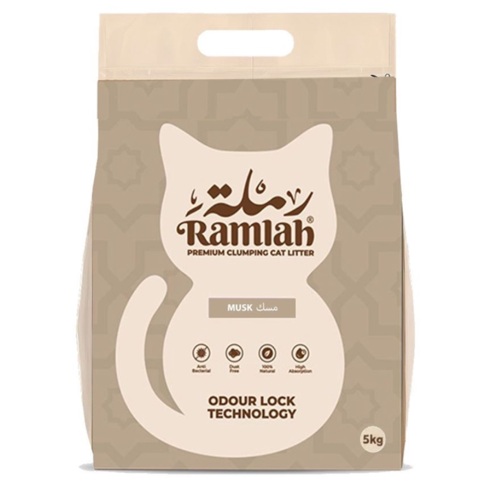 Bag of Ramlah cat litter with a cat illustration on a beige background